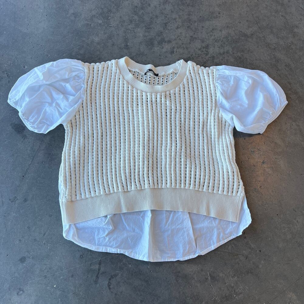 Vintage Y2k Zara Cream Beige Knit Bubble White Sleeve Women's Blouse Small